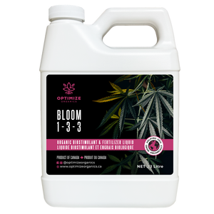 1L Jug of Optimize Organics' 1-3-3 bloom liquid fertilizer. It enhances flower development with essential nutrients for vibrant, healthy blooms.