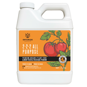 1L Bottle of Optimize Organics' 2-2-2 liquid fertilizer—supports balanced growth, root health & resilience in all plants and soil types.