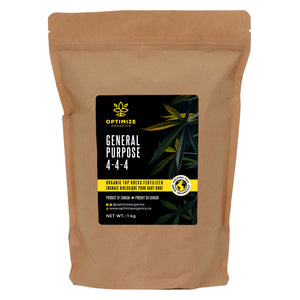 1KG Bag of Optimize Organics' 4-4-4 general purpose cannabis fertilizer. It enriches soil with balanced nutrients, promoting strong, healthy plant growth.