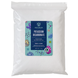 2KG package of Potassium Bicarbonate (Food Grade). Effective pH UP solution. Regulates soil acidity, improves nutrient absorption, and enhances plant growth. Certified for use in Canadian organic agriculture. Optimize Organics farm and garden supply.